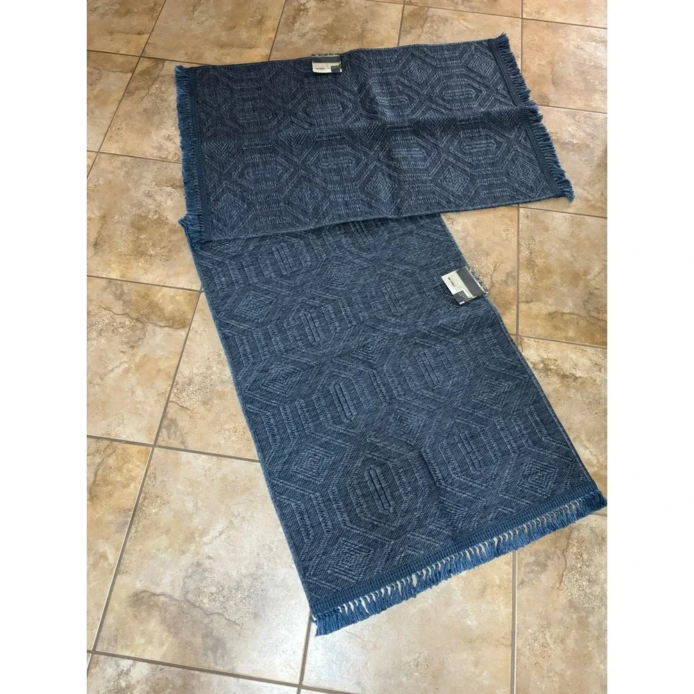 Off The Loom Navy Blue Accent Rugs 30x45 Geometric Washable NWT Set of 2